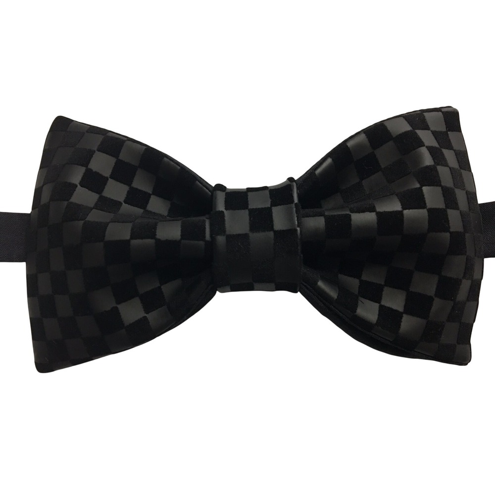 Mens Black Checkered Velvet Pre-Tied Bow Tie Adjustable Formal Neckwear